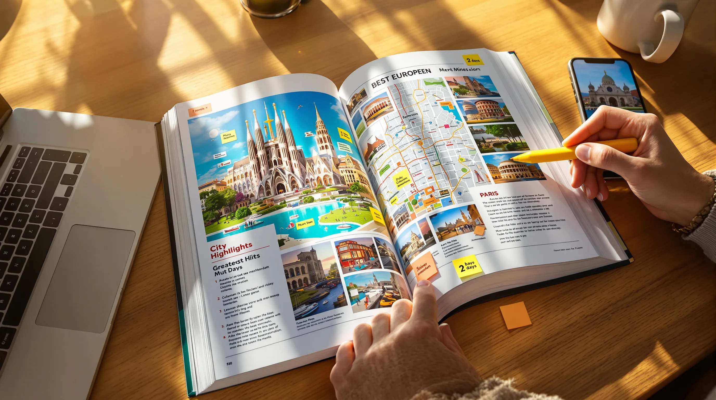 Traveler highlighting a colorful European guidebook at home with planning tools.