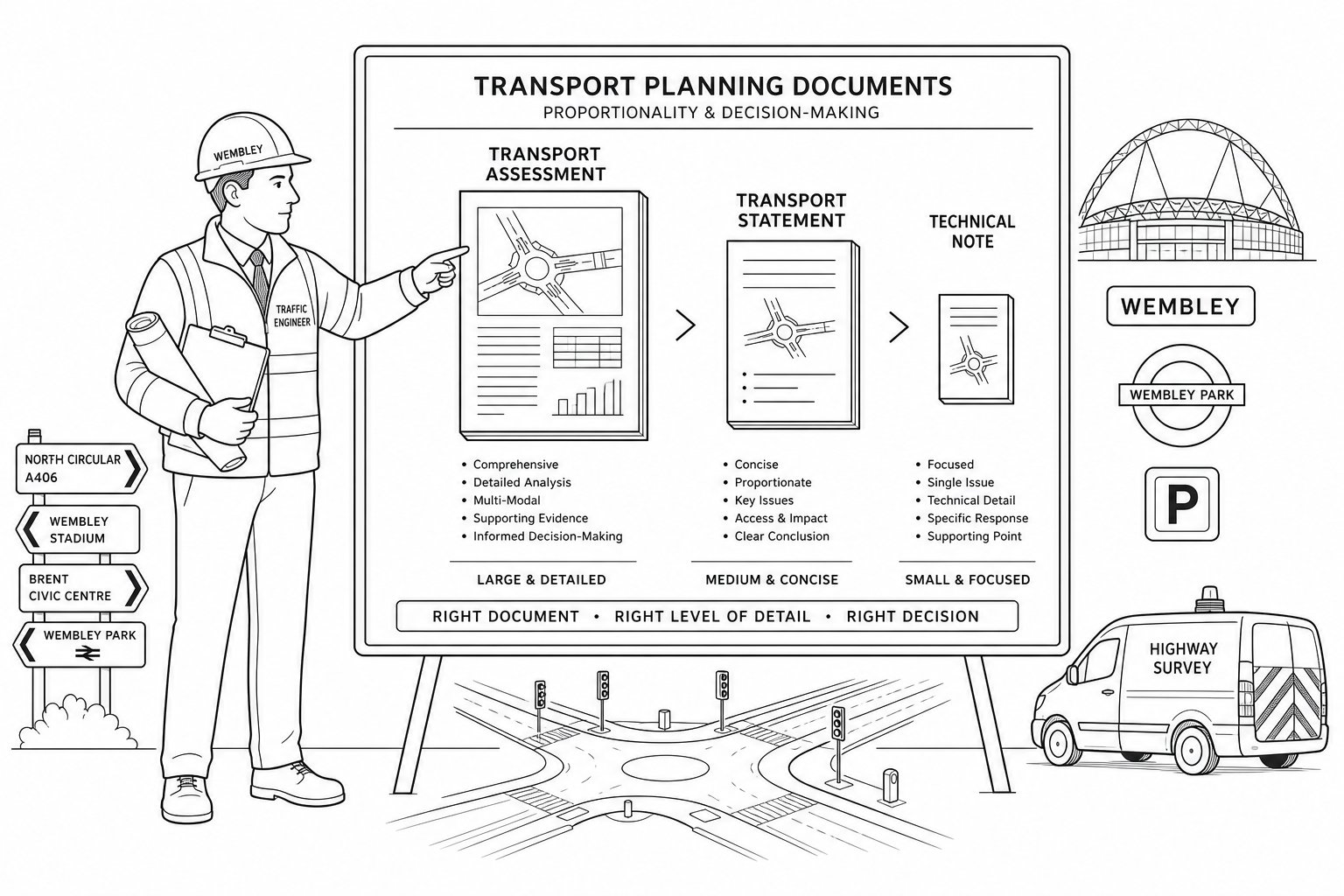Traffic engineer comparing transport reports for a Wembley development project.