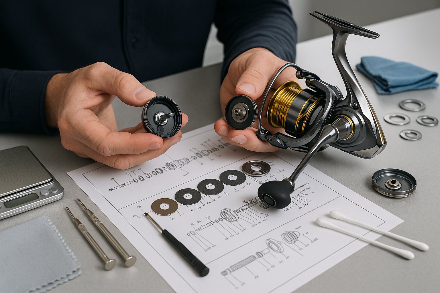 Hands repairing a fishing reel drag system on a clean workbench.