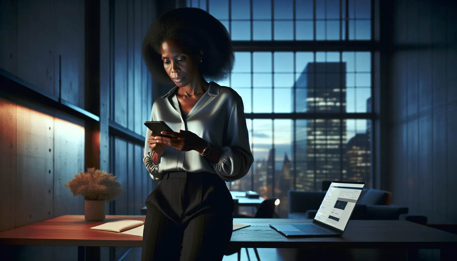 professional examining a smartphone in a modern office setting.