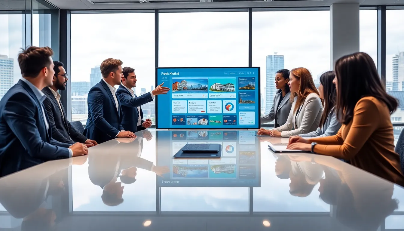 diverse real estate team discussing updates in a modern office.