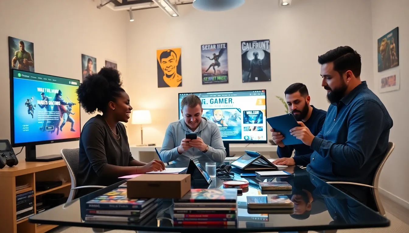 diverse team collaborating over gaming content in a modern office.