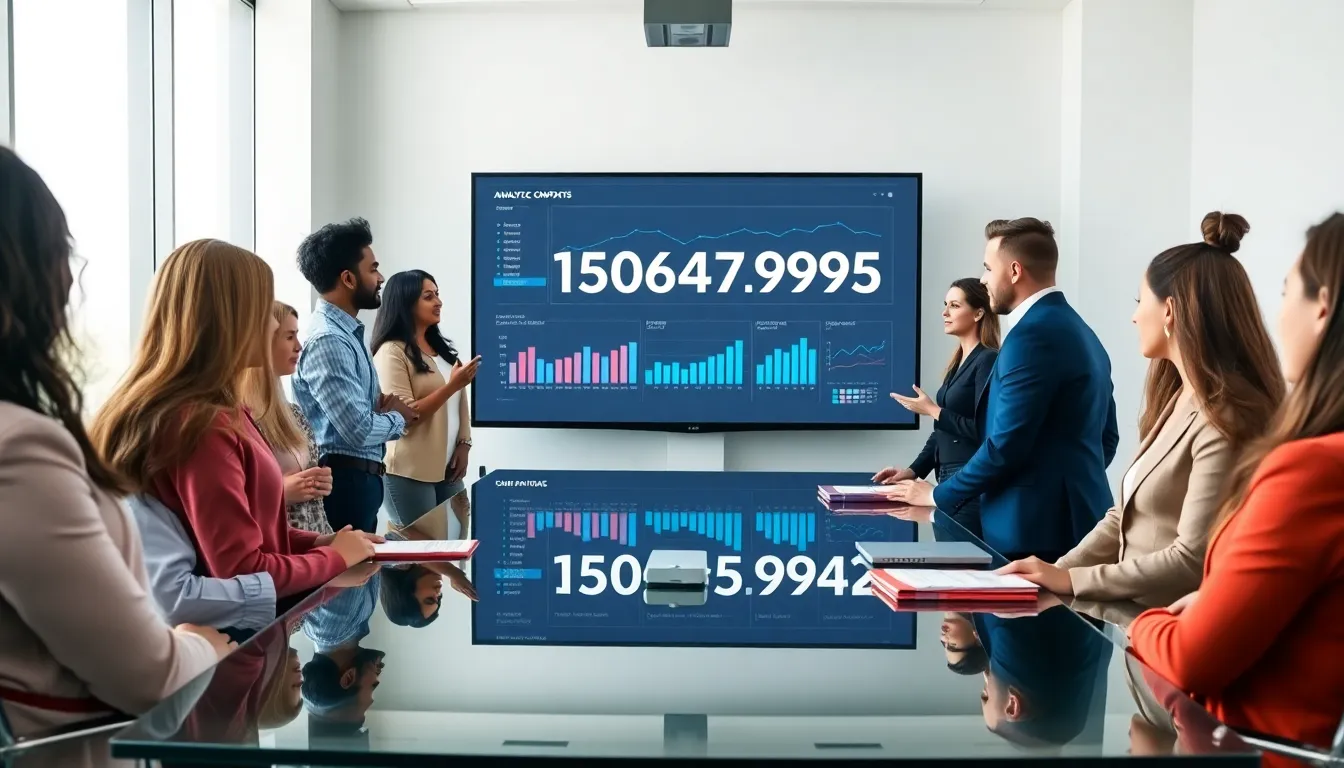 diverse professionals discussing data trends in a modern office.