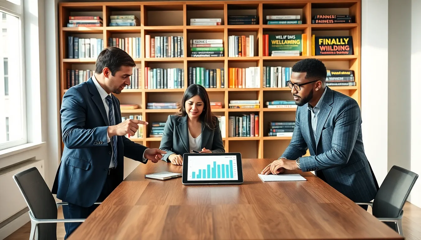 diverse professionals discussing wealth building in a modern office.