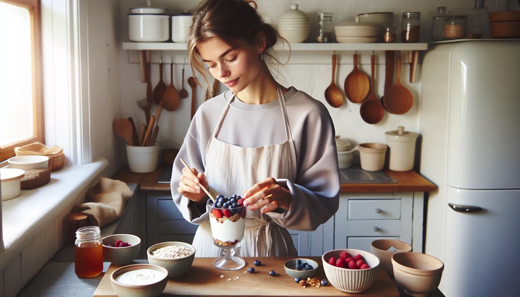 Woman in a nordic kitchen layering a healthy berry yogurt parfait with oats.