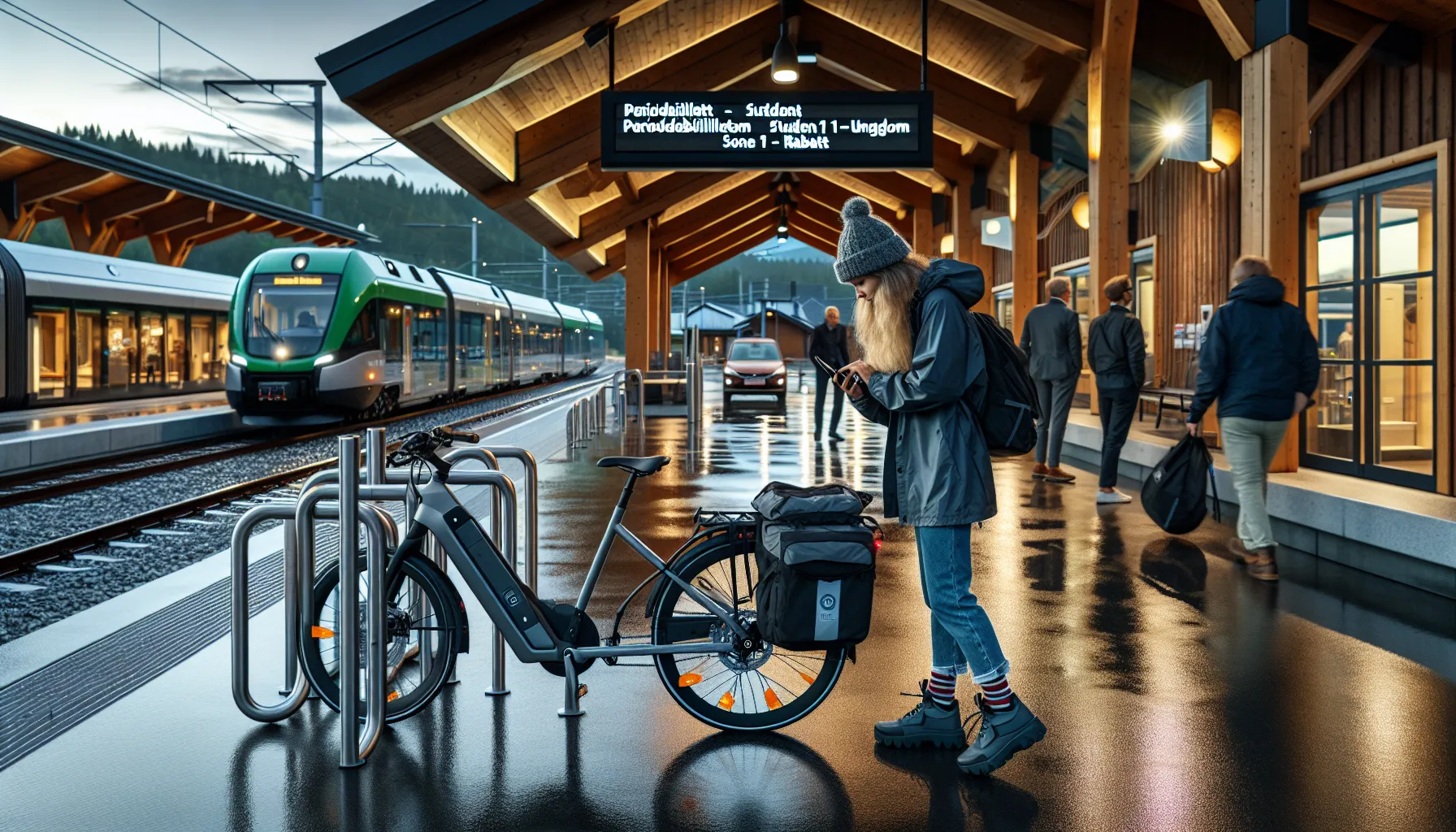 Commuter locks e-bike at norwegian station, checking discounted public transport pass.