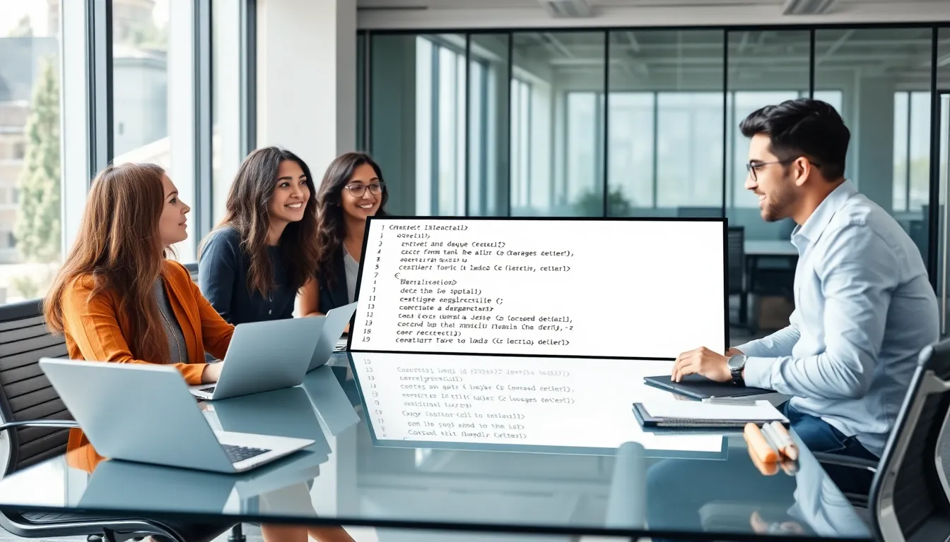 diverse team discussing C++ deque in a modern office setting.