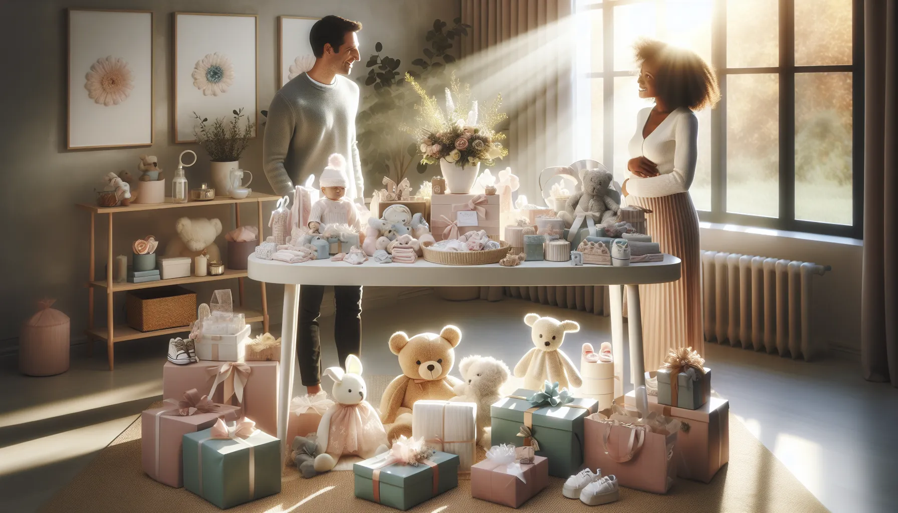 A variety of baby shower gifts arranged beautifully in a modern nursery.