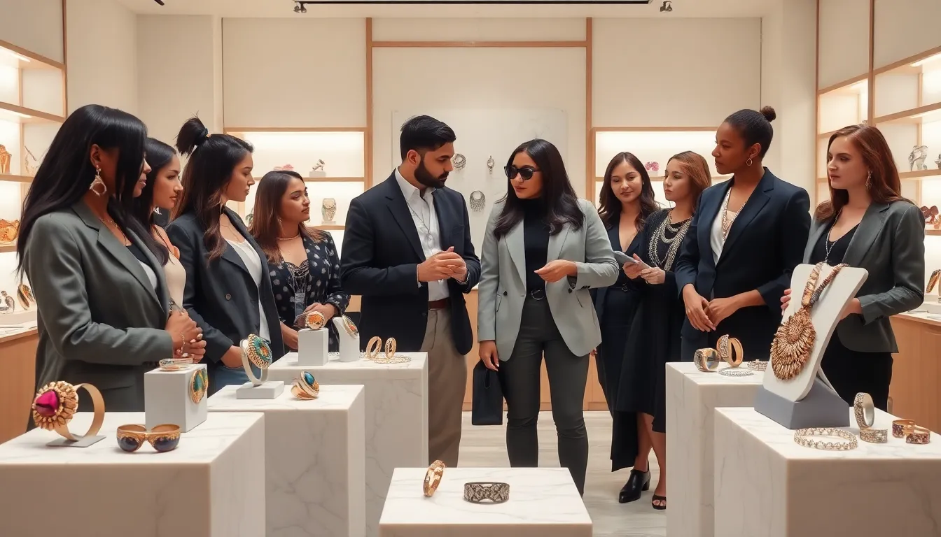 diverse group interacting with bold jewelry pieces in a modern retail space.
