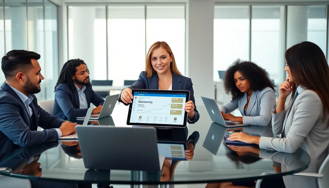 diverse team discussing cryptocurrency solutions in a modern office.