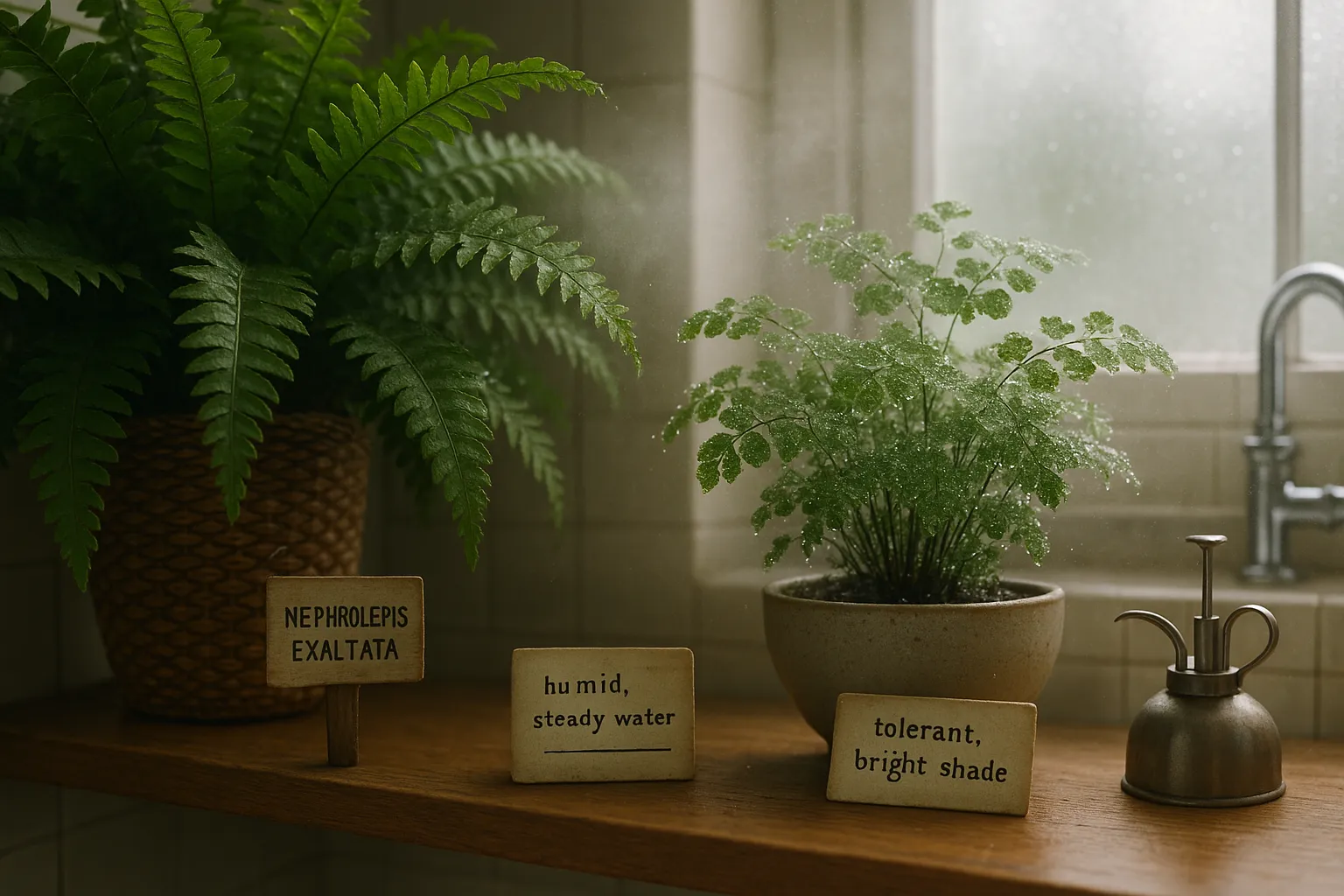 Boston fern in hanging basket next to delicate maidenhair fern on shelf.