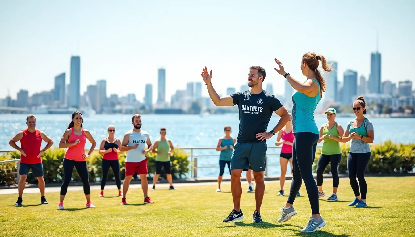 Personal trainer guiding clients in a scenic Perth outdoor park.