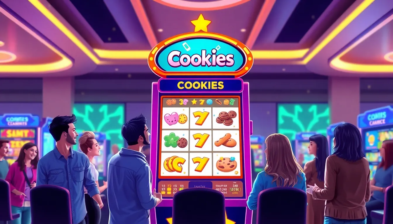 Colorful cookie-themed slot machine in a lively casino setting.