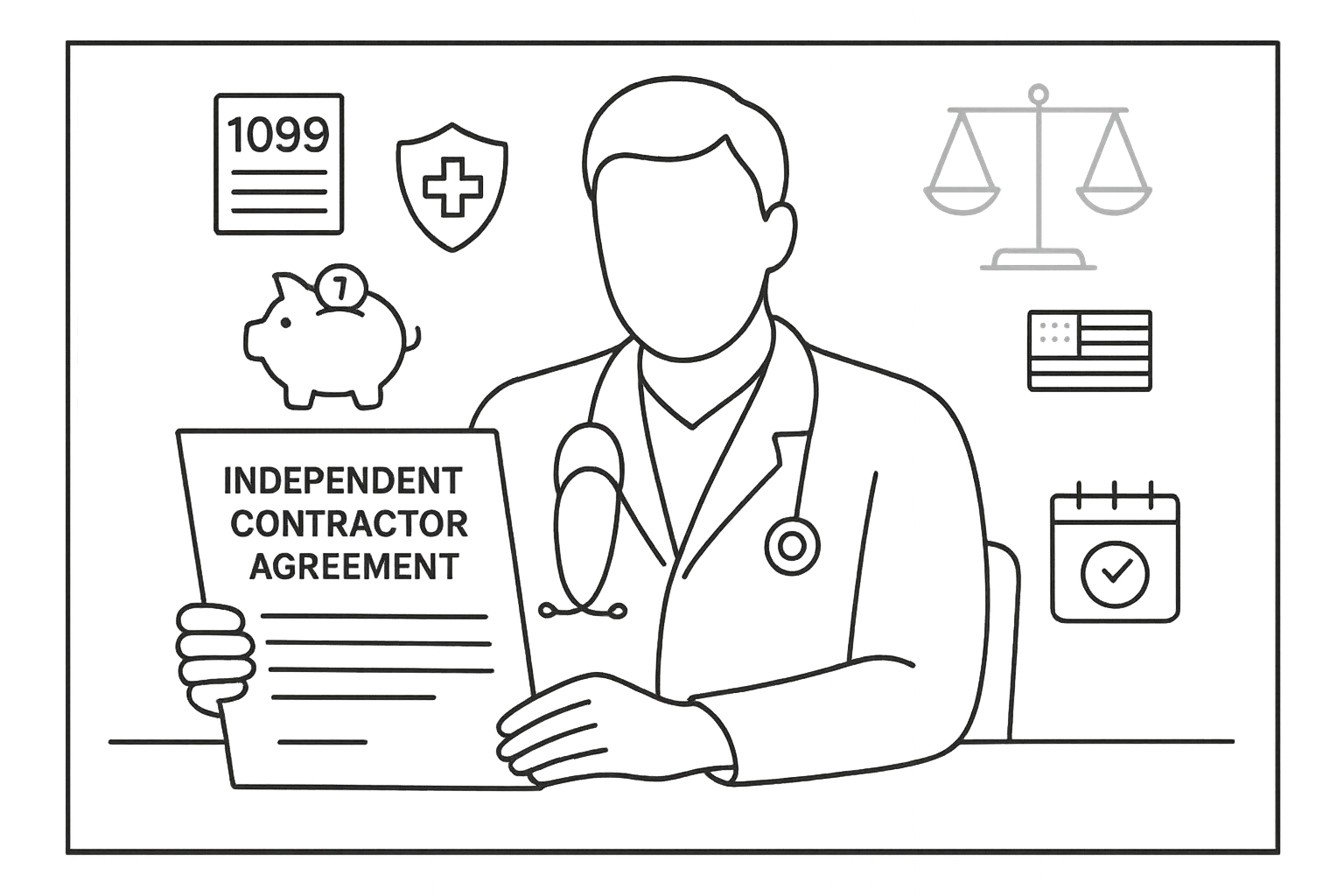 Physician assistant reviewing an independent contractor agreement with related icons of Physician Assistant Independent Contractor Agreement Review.