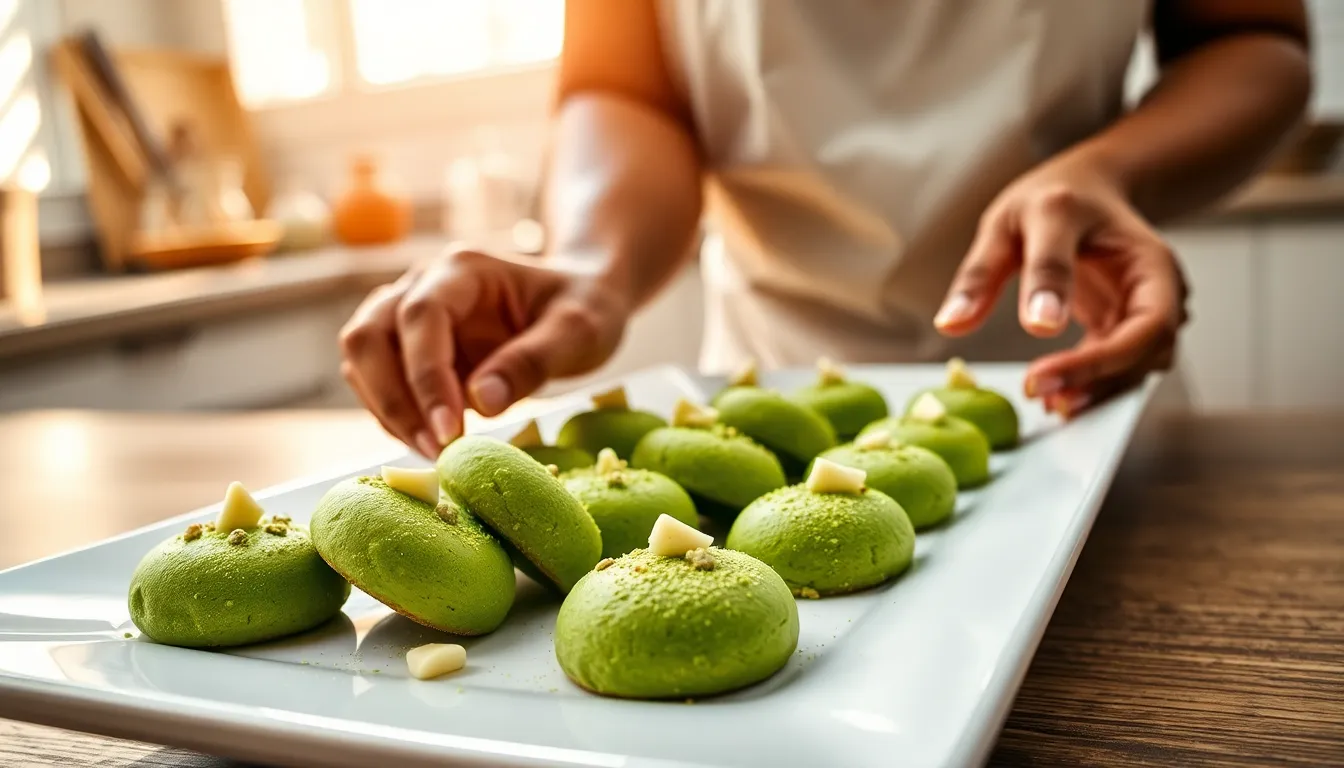 Plate of vibrant green mochi cookies in a modern kitchen setting.
