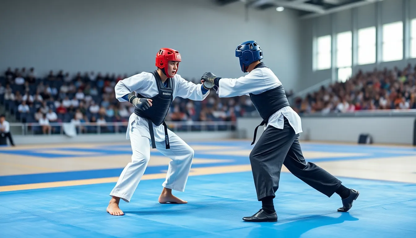 Taekwondo competitors in action during a bout on a blue mat.