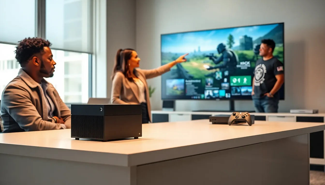 three professionals discussing Xbox consoles in a modern office.