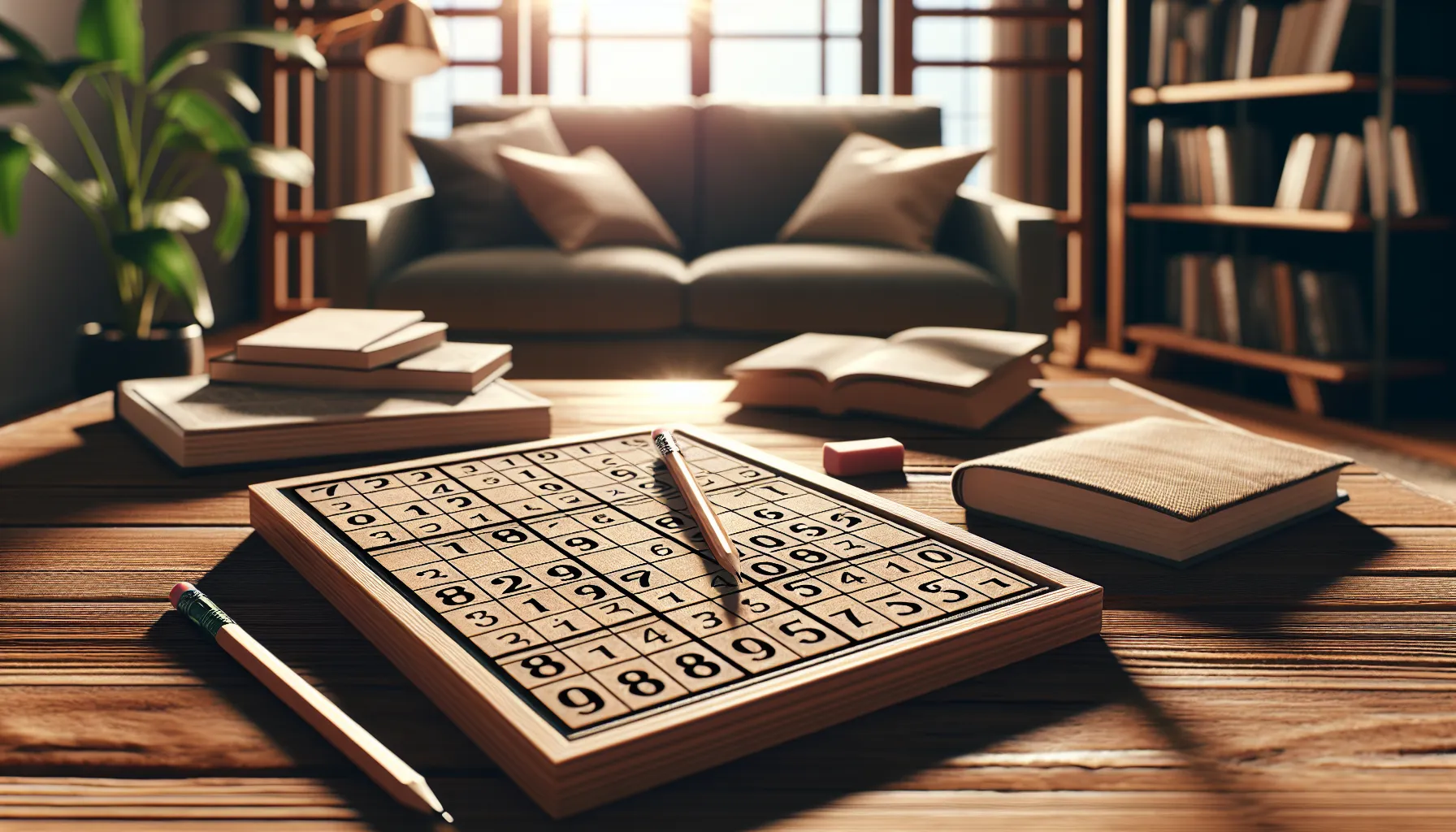A Sudoku puzzle on a wooden table in a cozy, well-lit living room.
