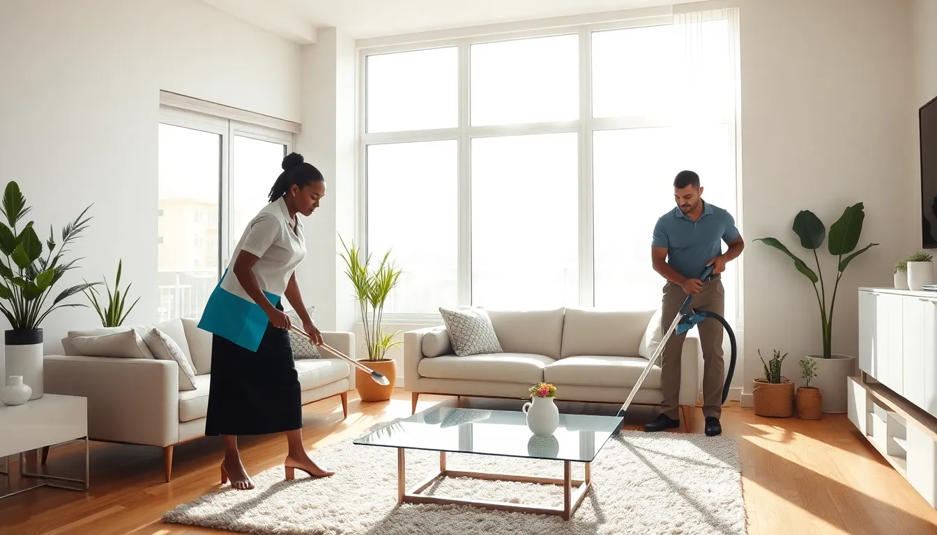 cleaners working in a modern living room during a weekly home cleaning service.
