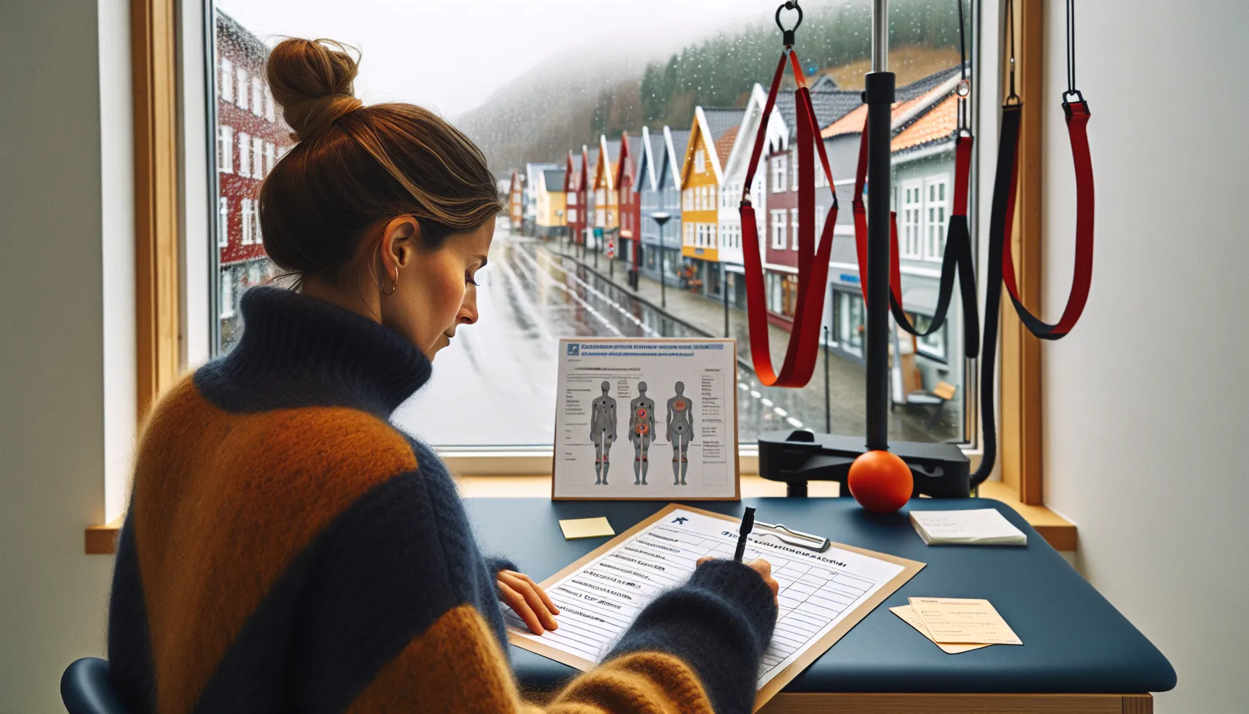 Woman in bergen clinic marking pain areas and goals on a checklist.