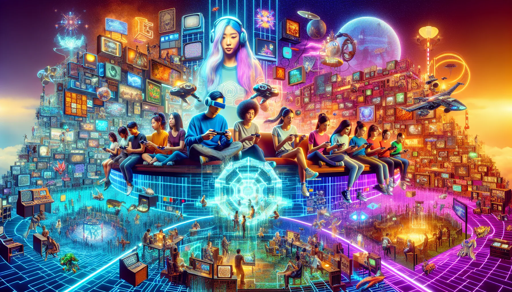 diverse gamers in a vibrant digital gaming environment.