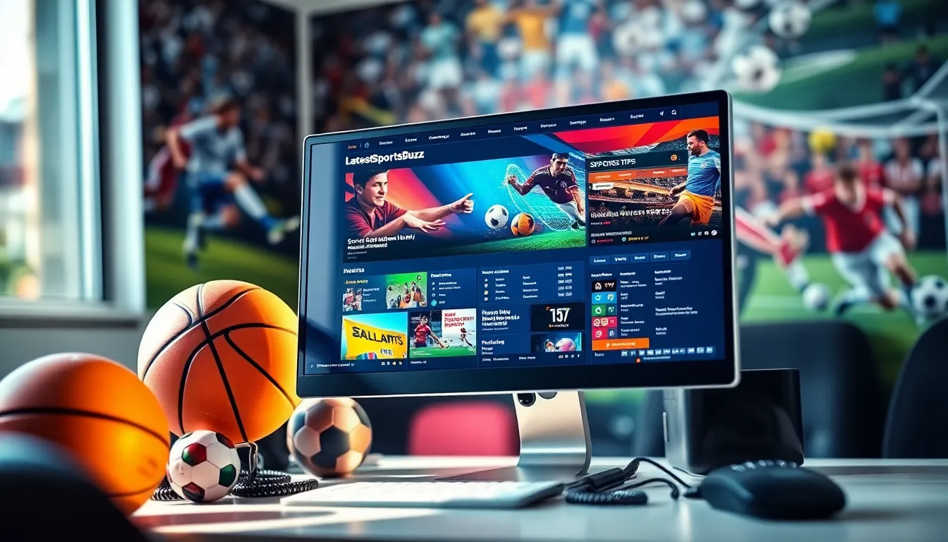 A computer displaying the LatestSportsBuzz website with sports memorabilia around.