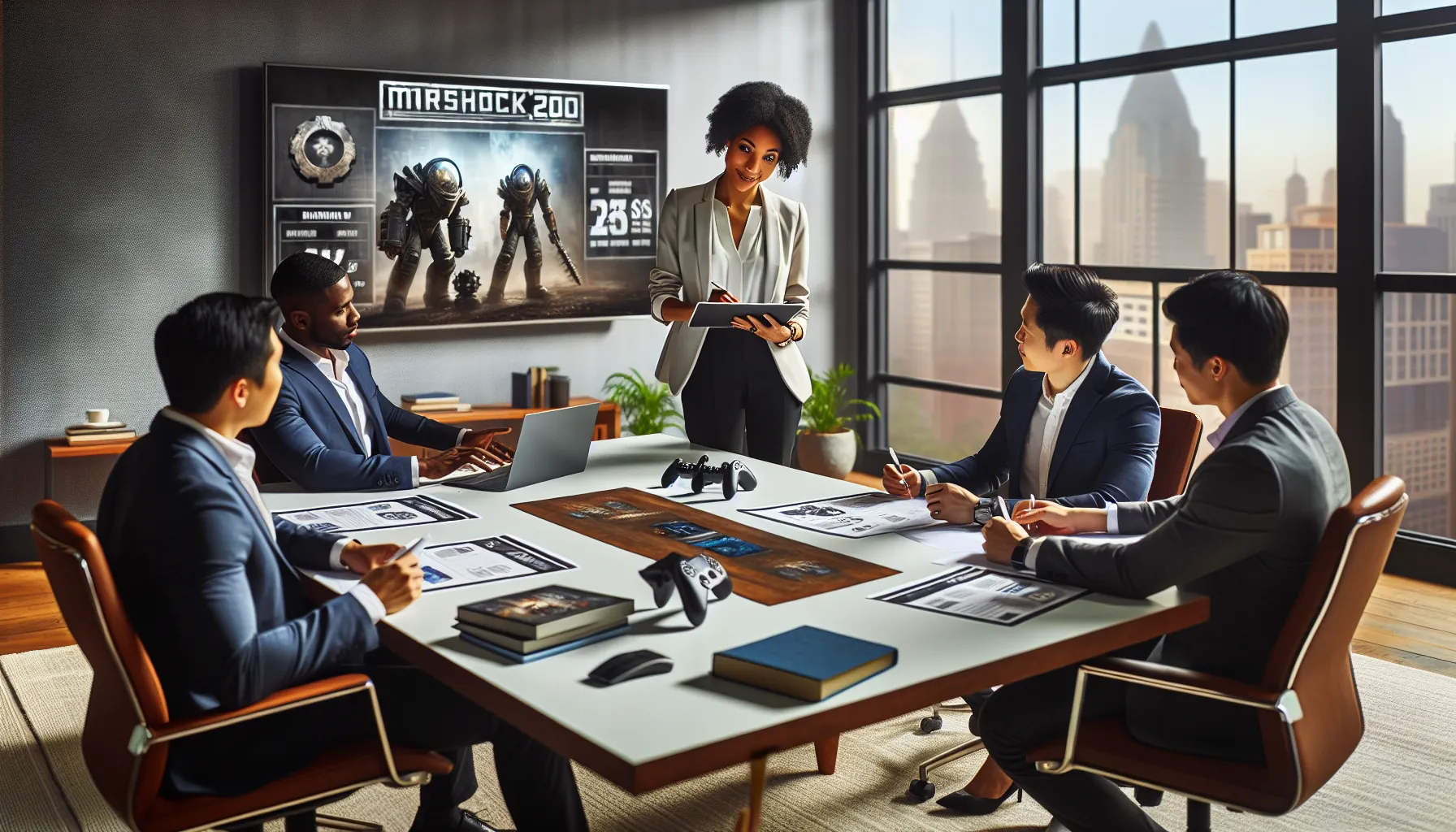 professionals discussing video game pricing in a modern office.