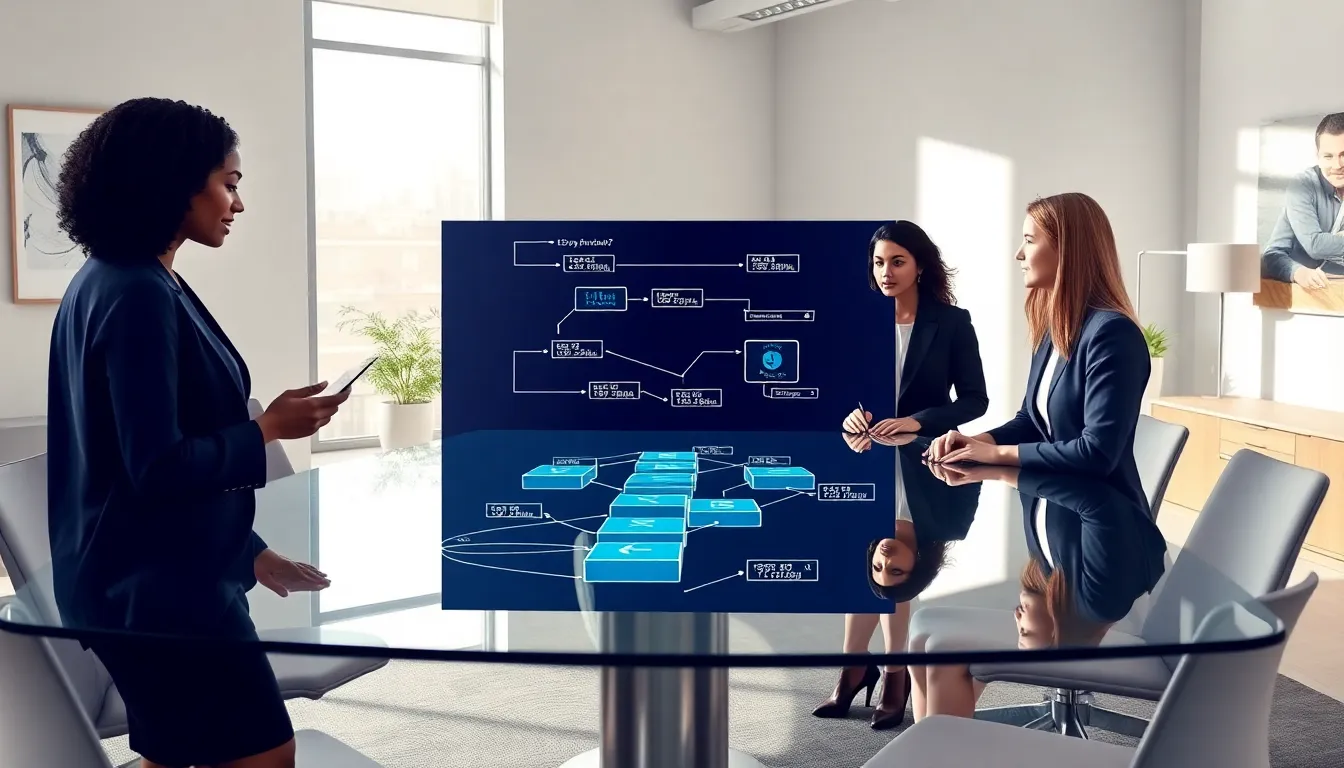 team of professionals discussing blockchain in a modern office.