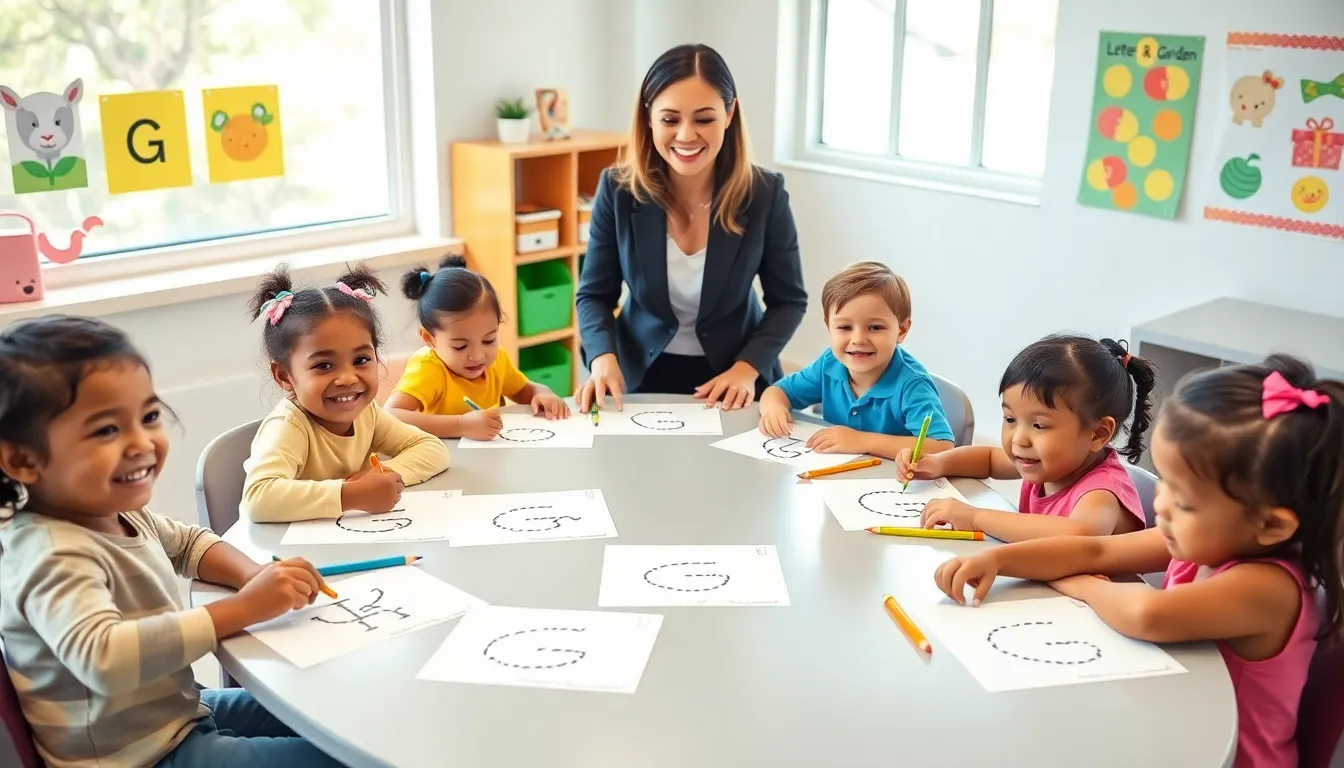children in a classroom tracing letter G on worksheets.