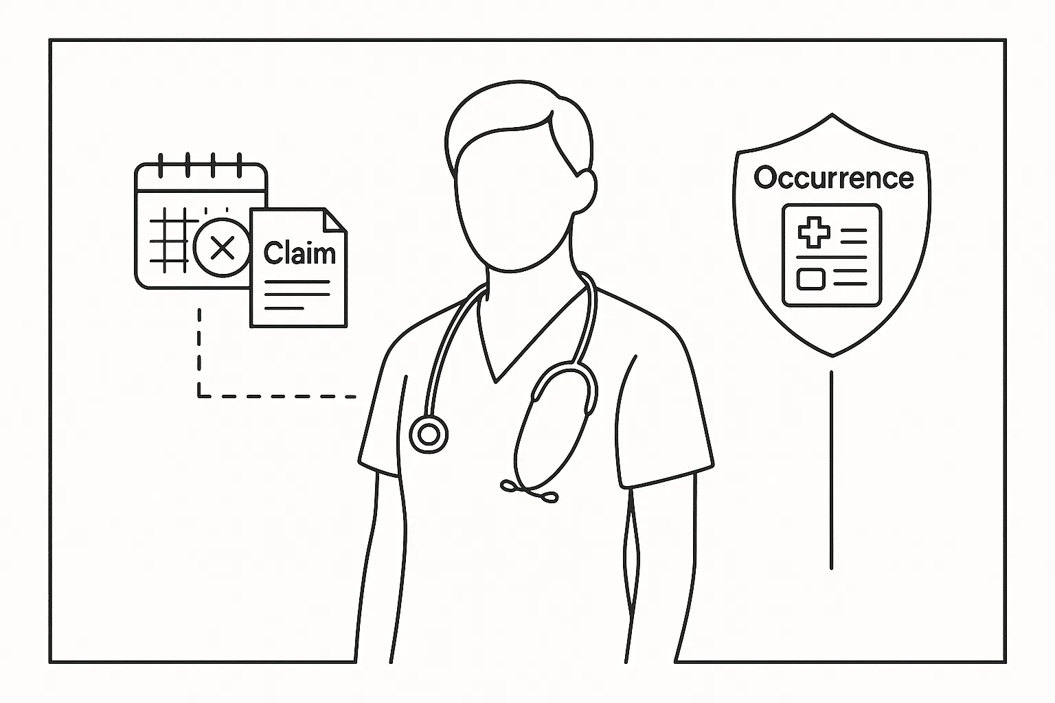 Nurse practitioner between icons showing a claims gap and an occurrence shield