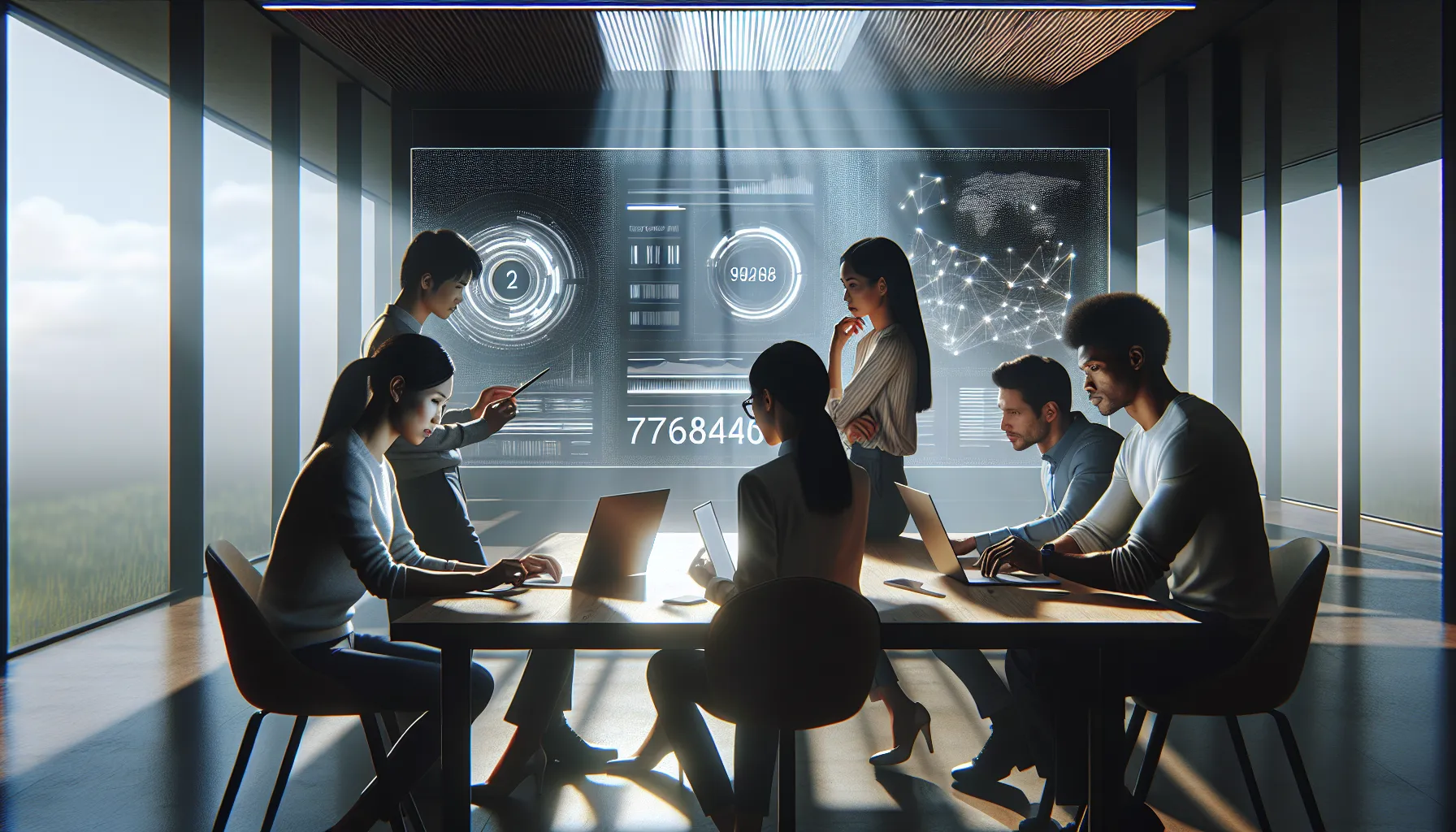 professionals collaborating over data in a modern digital workspace.