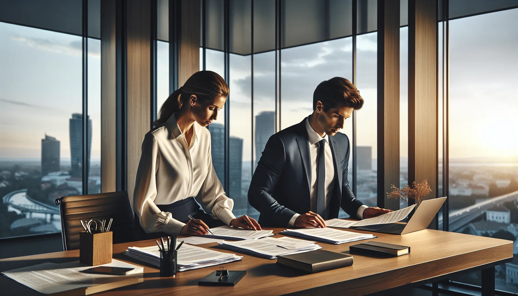 Croatian brother and sister reviewing legal documents in modern office