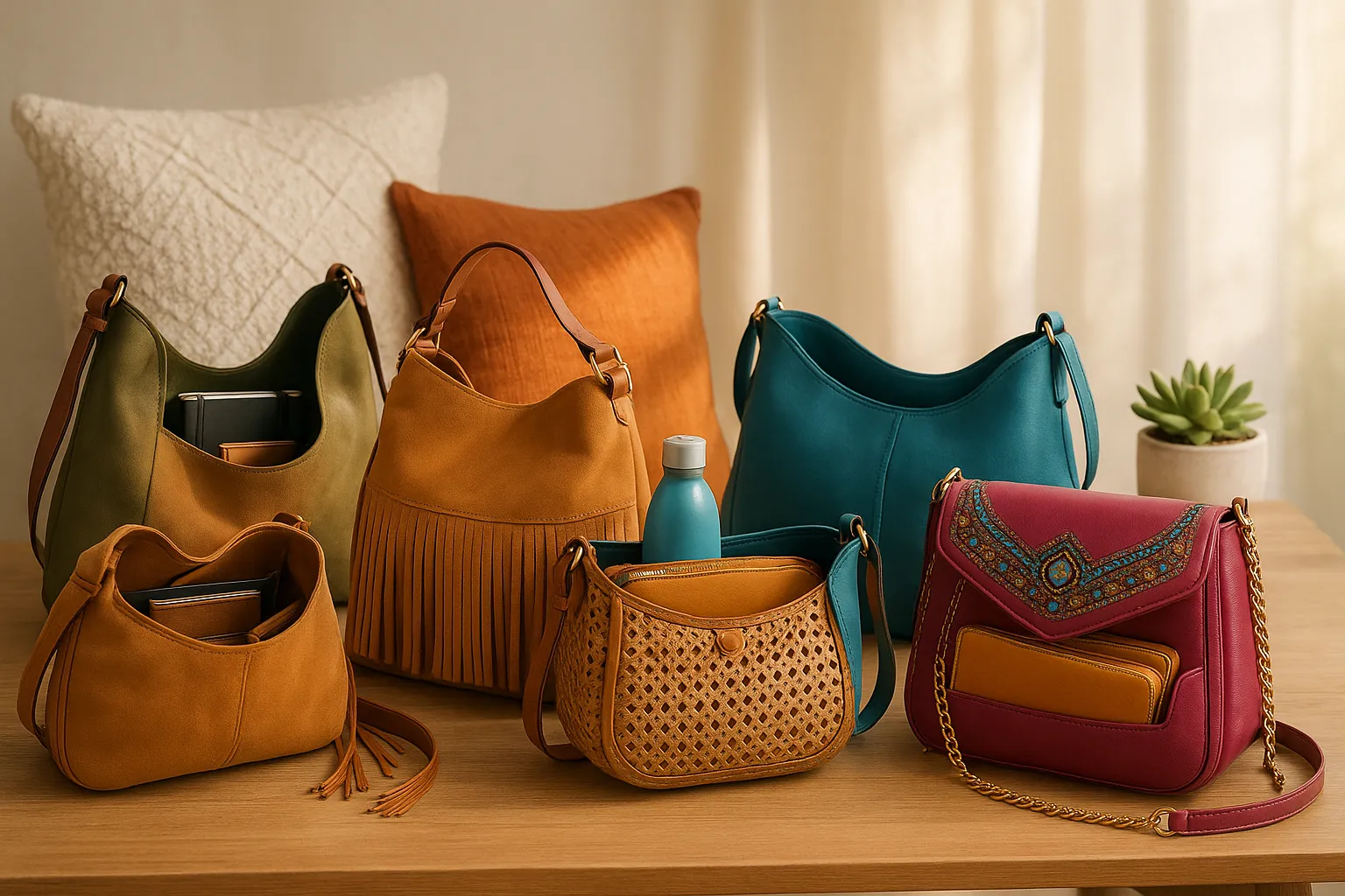 Selection of boho chic designer handbags on a modern table.