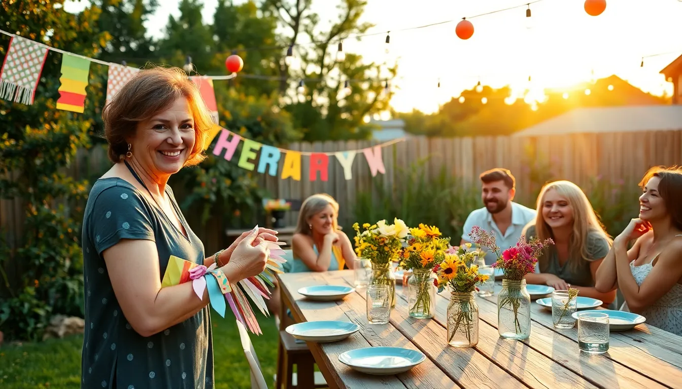 A lively outdoor gathering with DIY decorations and joyful friends.