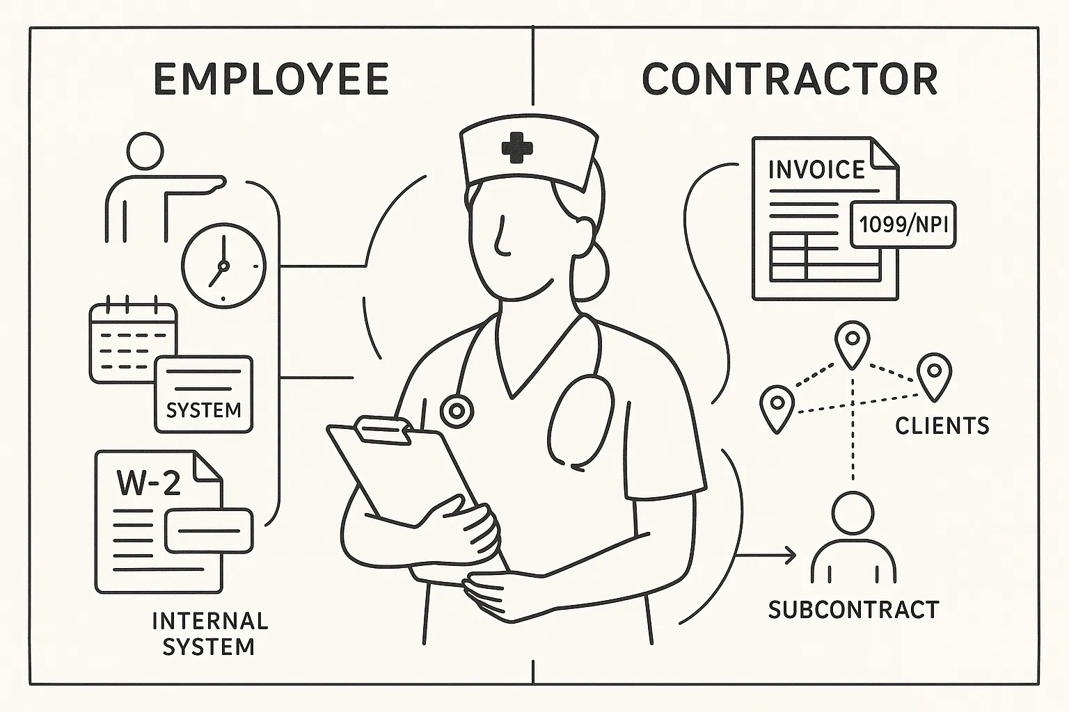 Line art of nurse practitioner split between employee (controlled) and contractor (autonomous) sides.