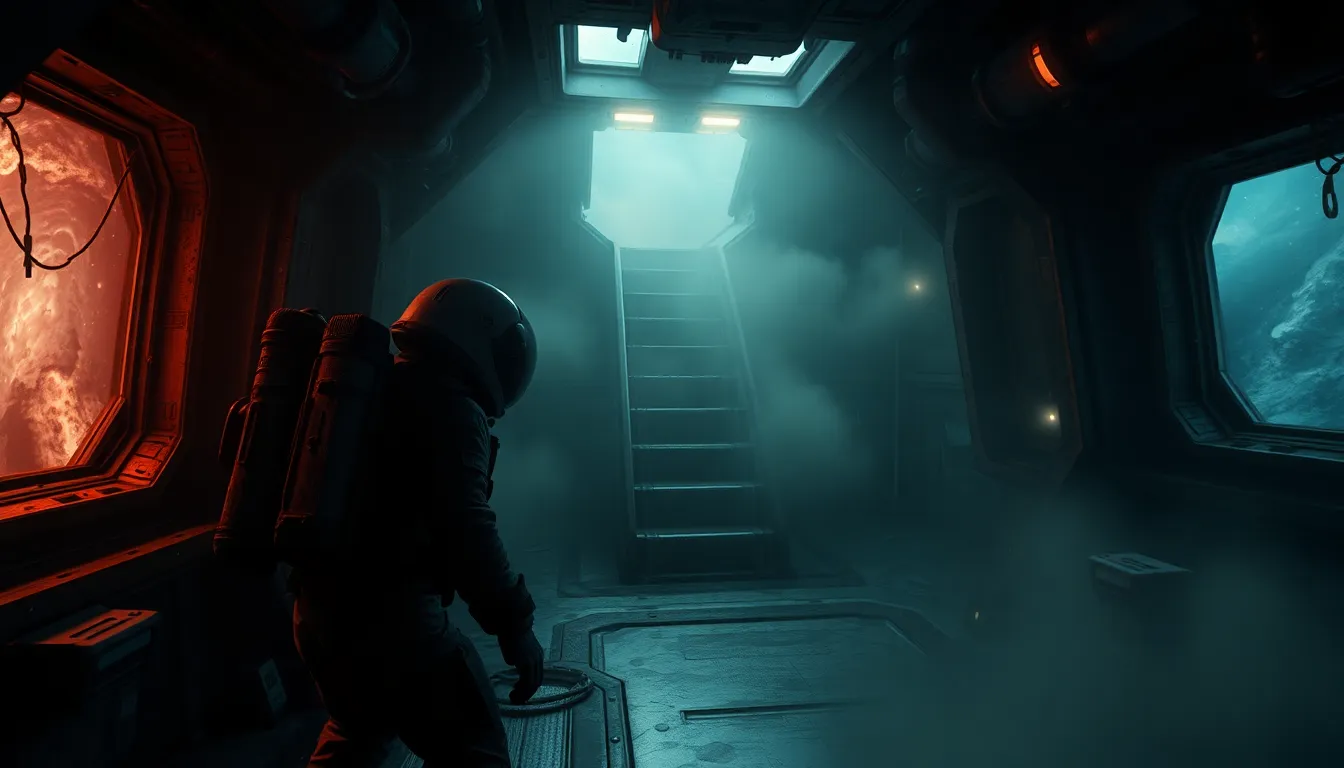 an astronaut exploring an abandoned spaceship in a space horror scene.