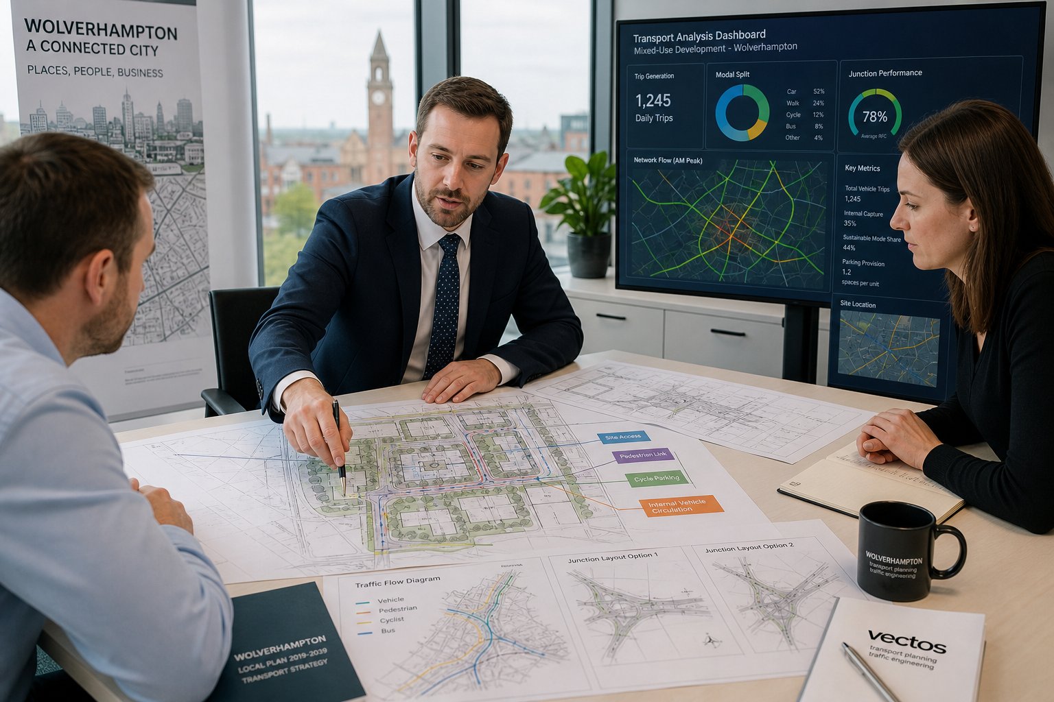 Traffic engineer reviewing development plans and transport data in a modern office.