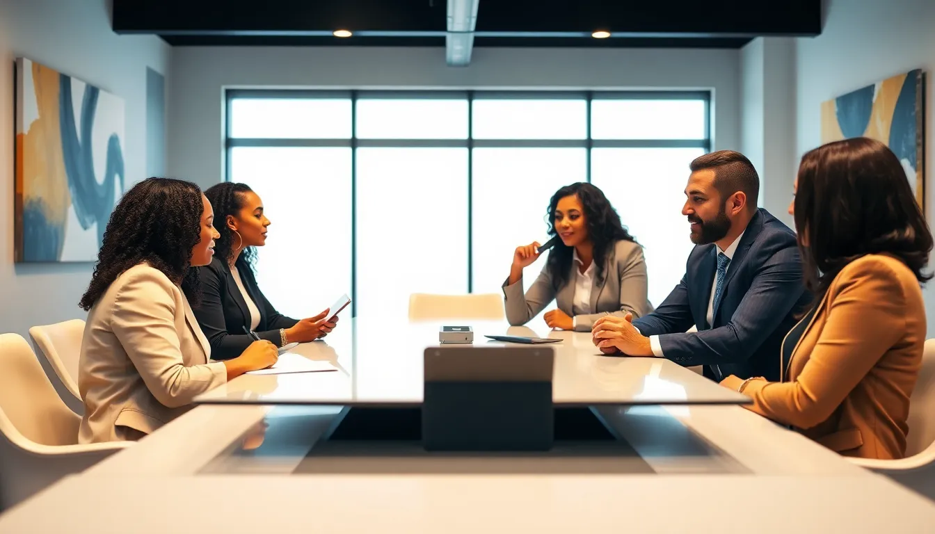 diverse professionals discussing the significance of phone numbers in an office.