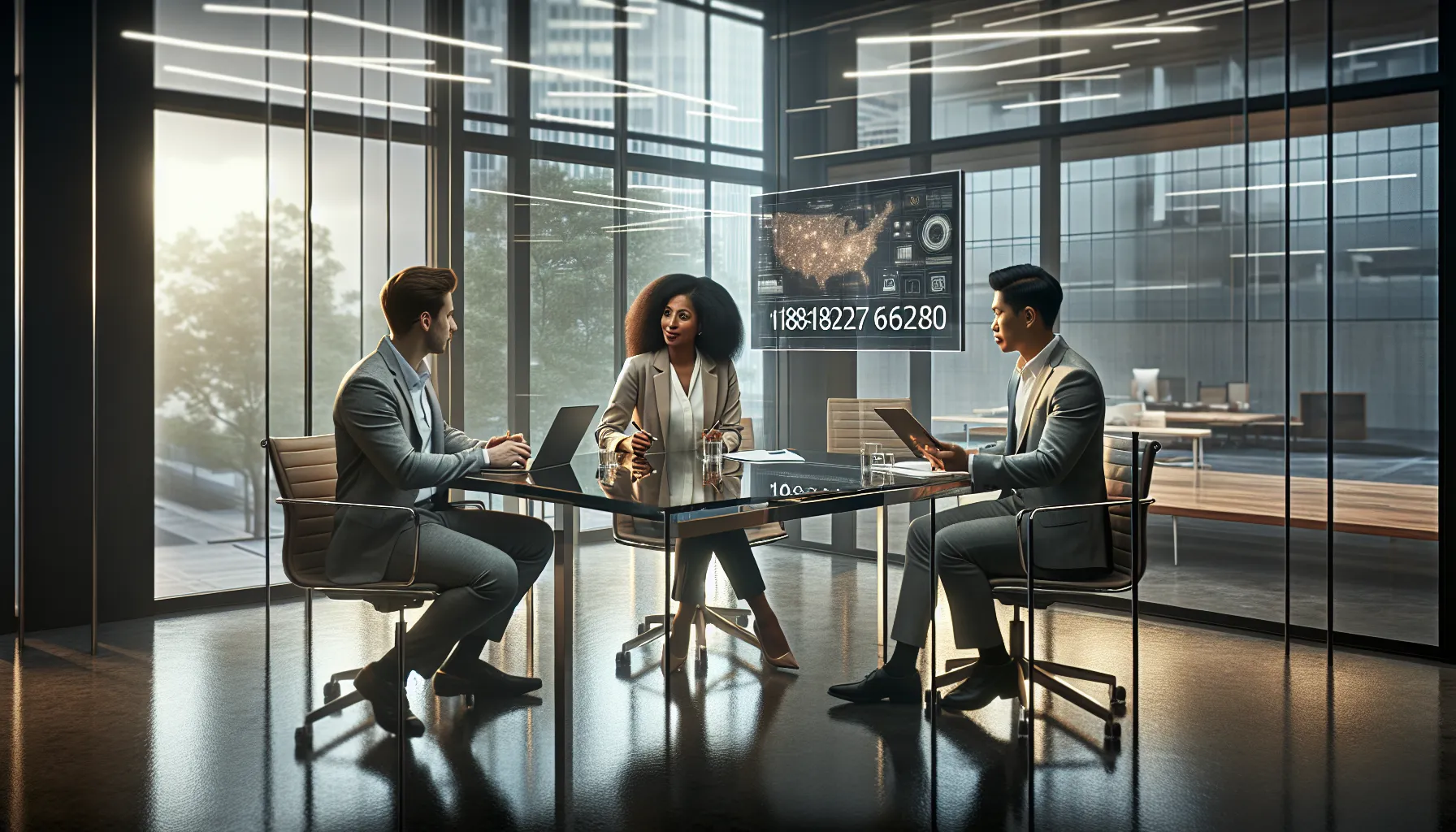diverse professionals discussing a contact number in a modern office.