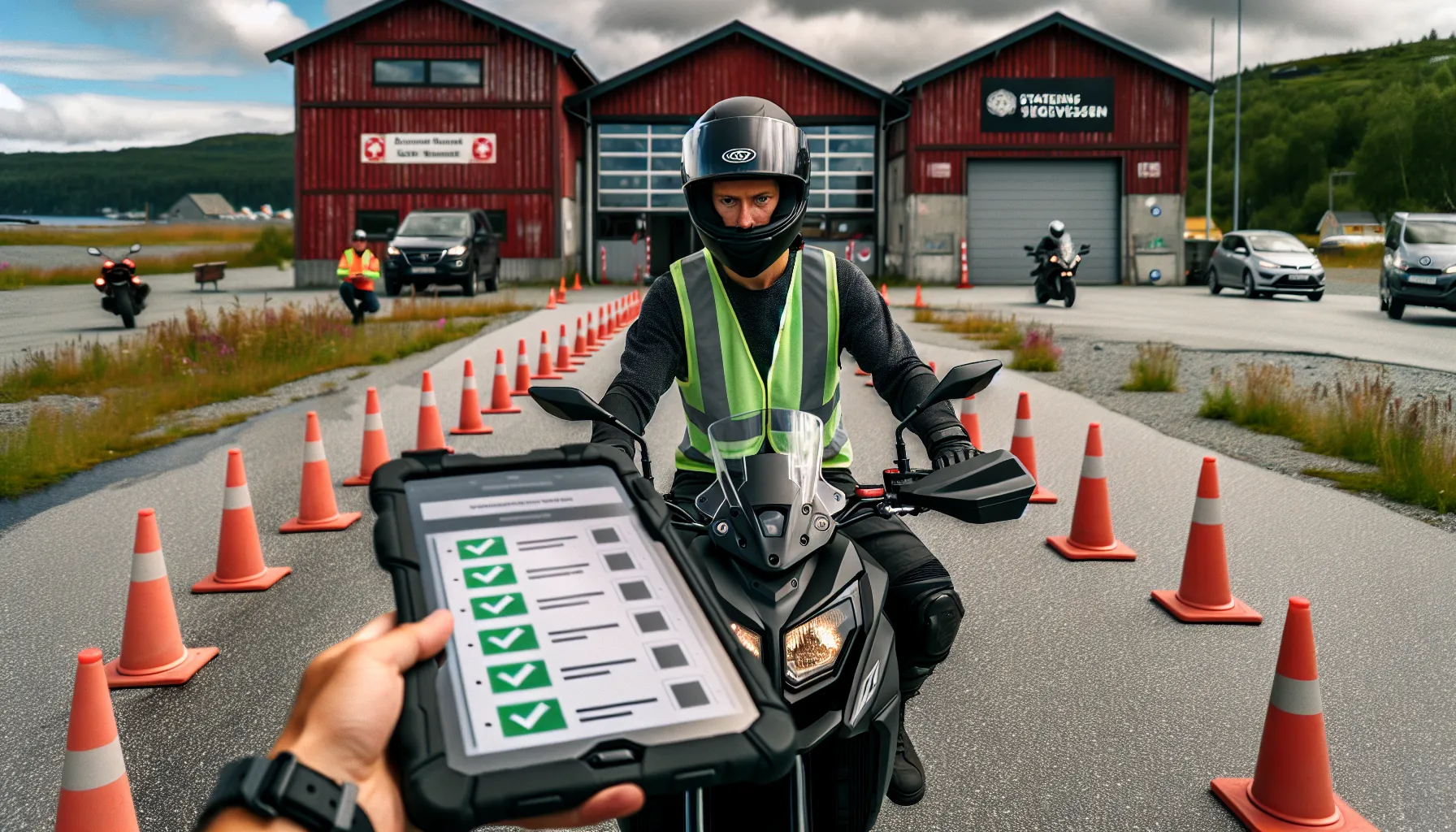 Examiner reviews checklist as rider navigates cones at a norwegian mc test site.