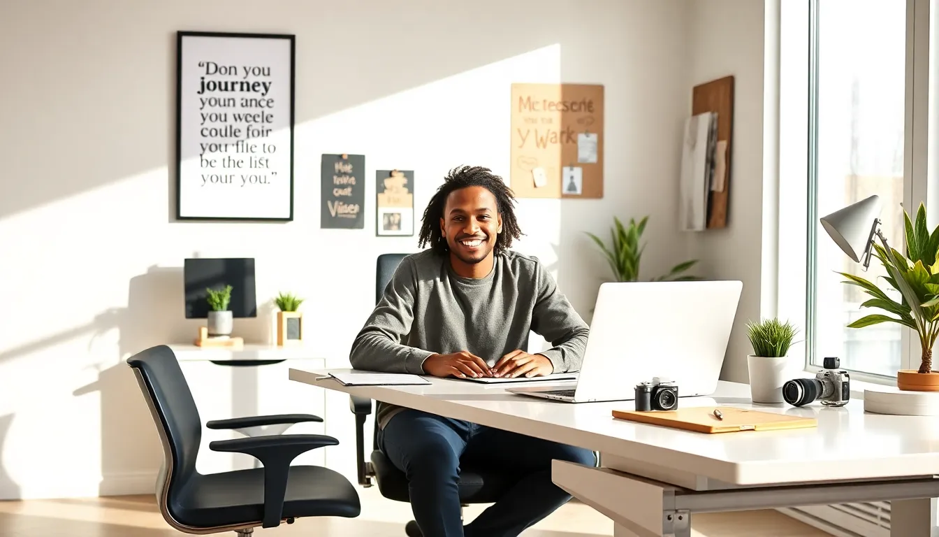 young content creator in a modern office, engaging with their audience.