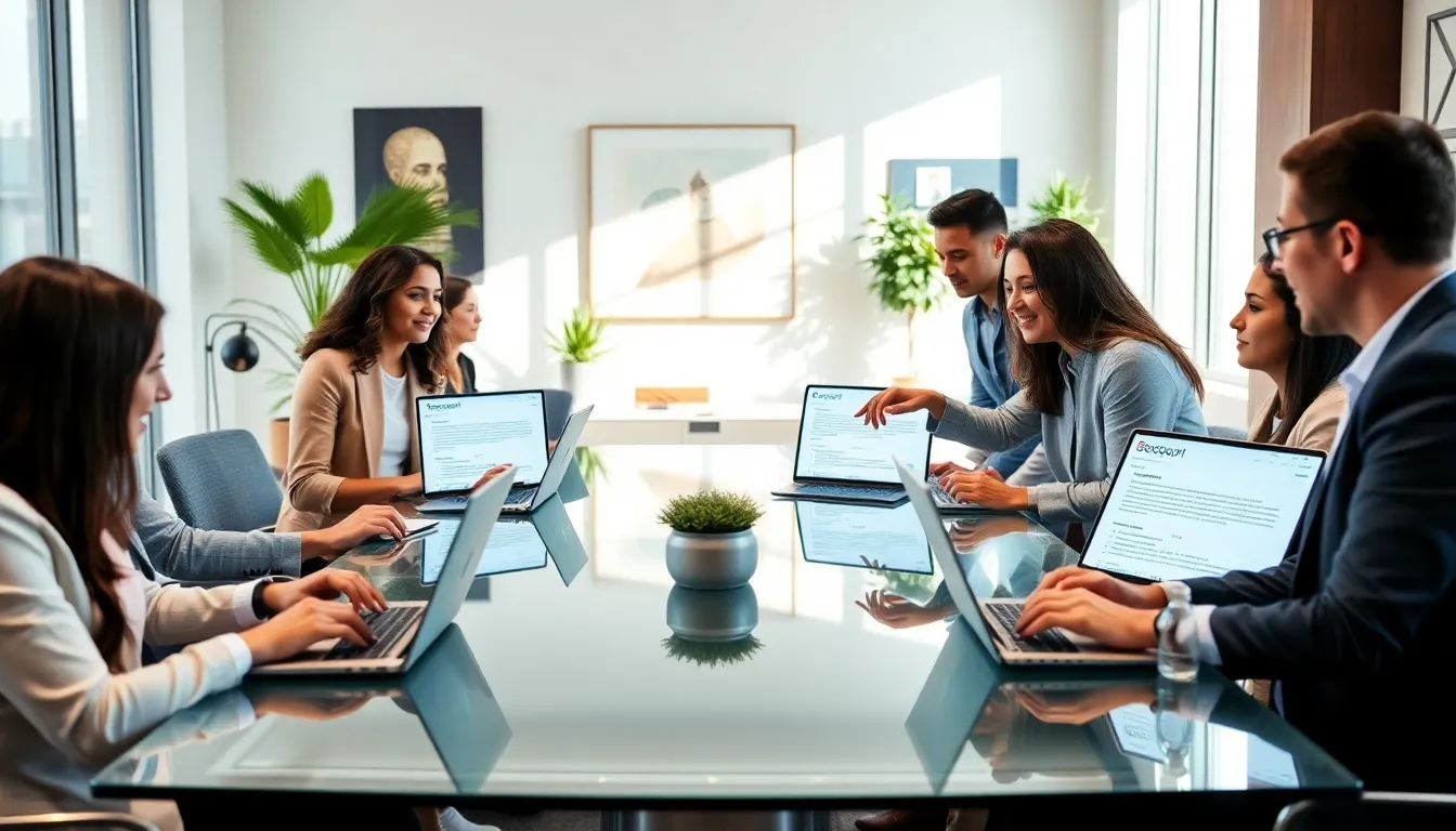 professionals discussing Techgroup21 email in a modern office setting.