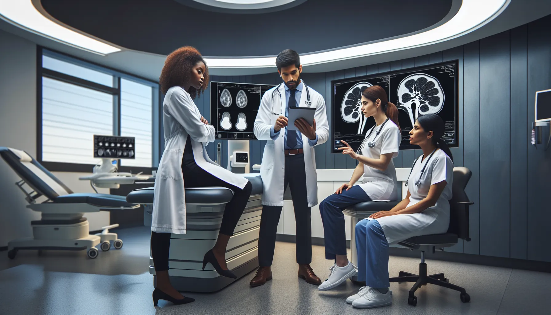 medical team discussing kidney stones in a modern examination room.