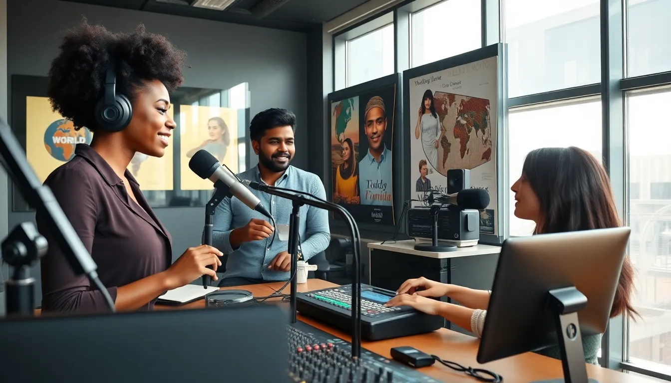 diverse team collaborating in a modern radio studio.