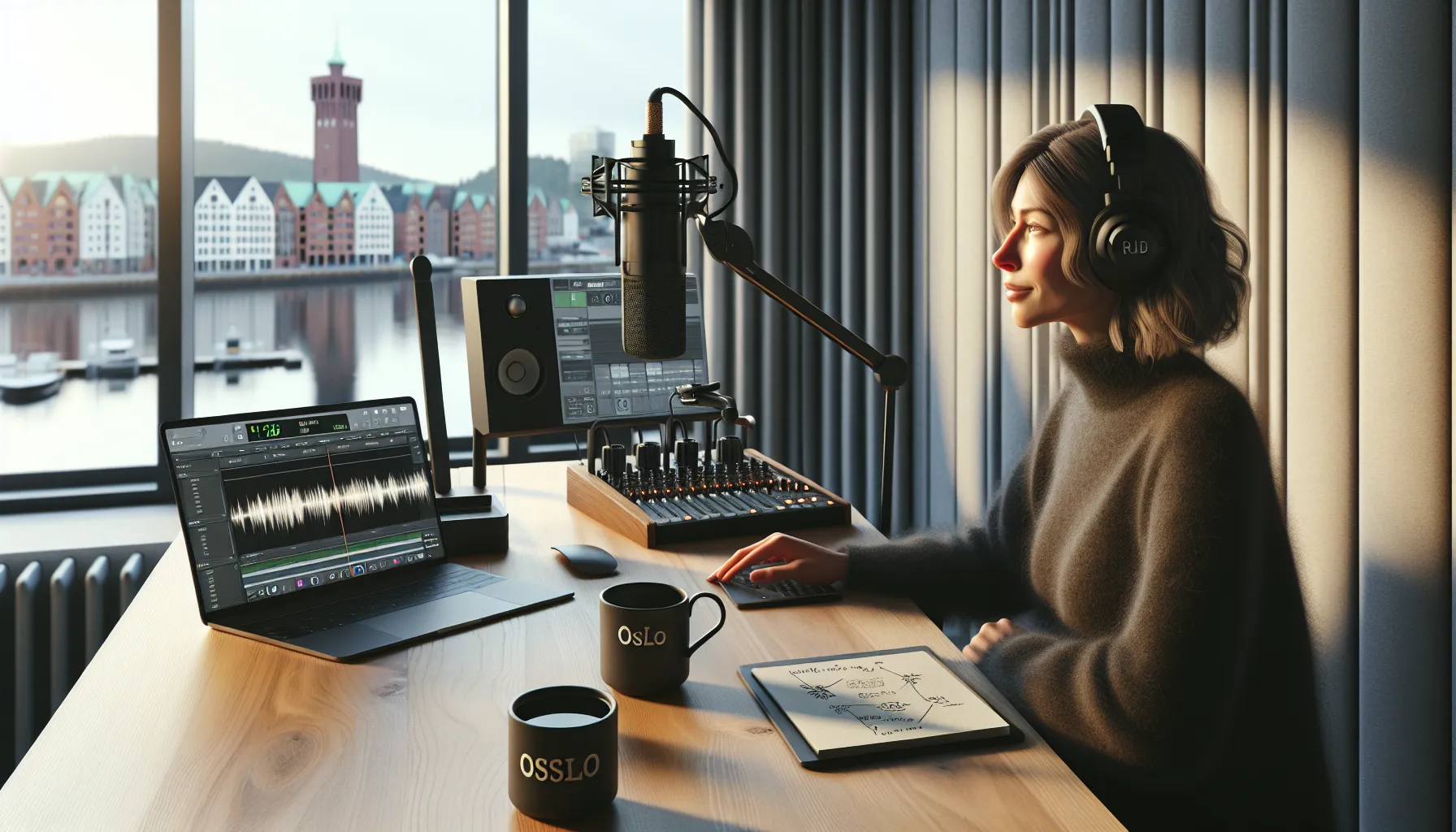 Norwegian podcast host recording a tech show in a bright, minimalist studio.
