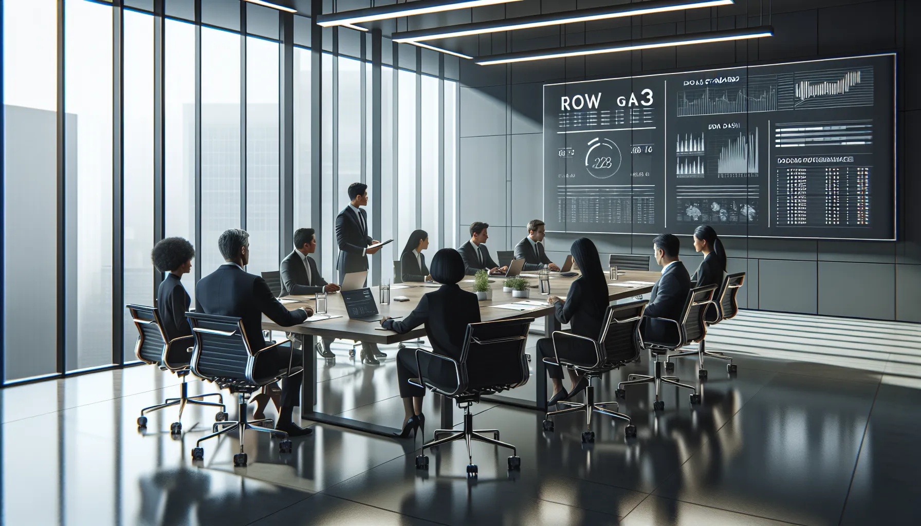 diverse team discussing ROW GA3 in a modern office.