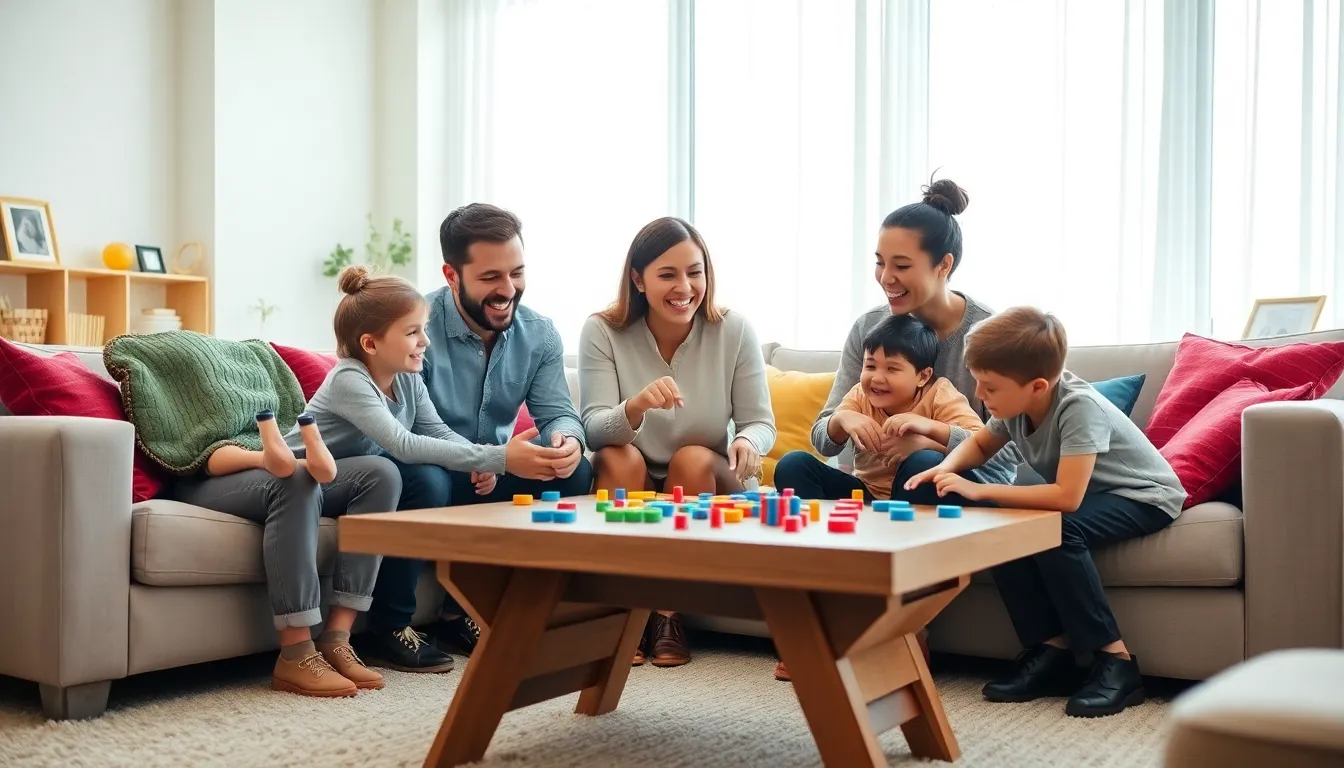 a diverse family enjoying a board game together in a modern living room.