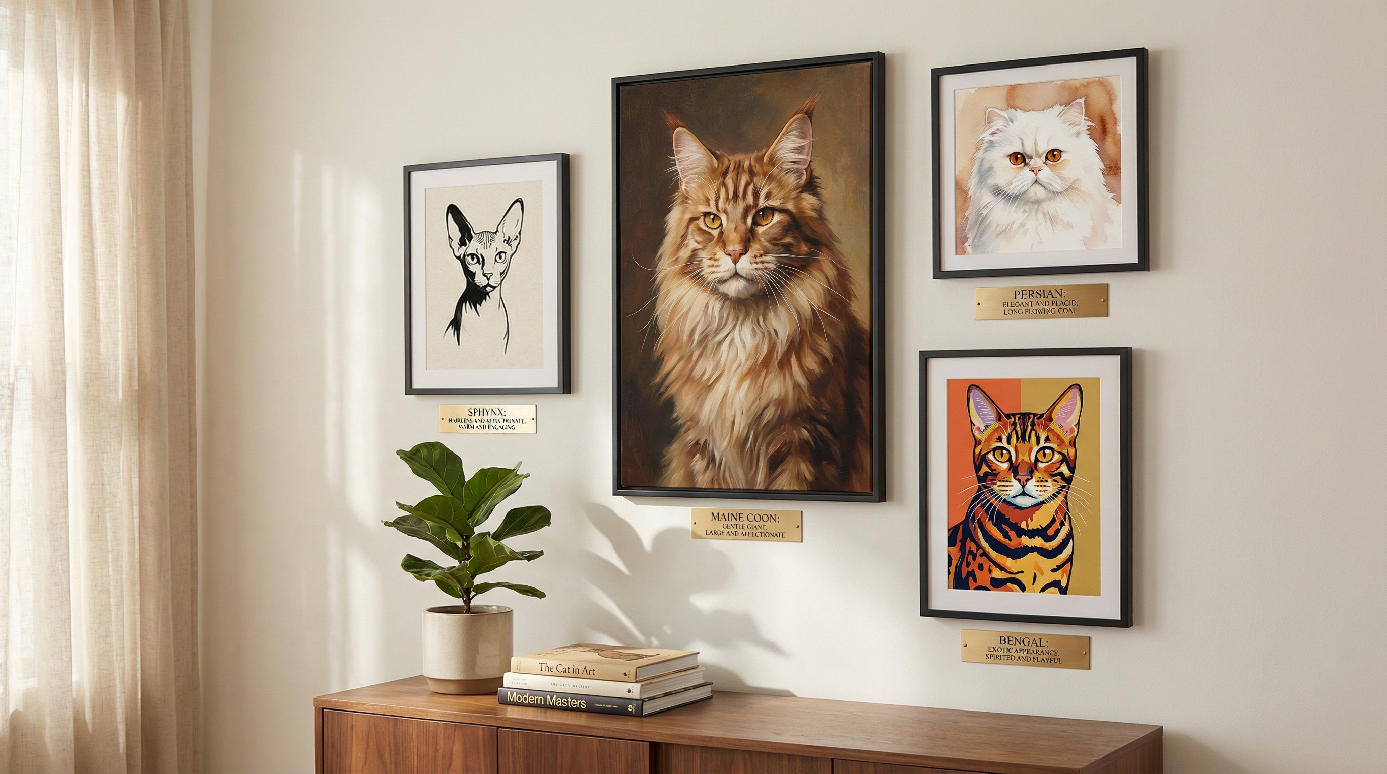 Gallery wall of framed cat breed portraits in a stylish living room.
