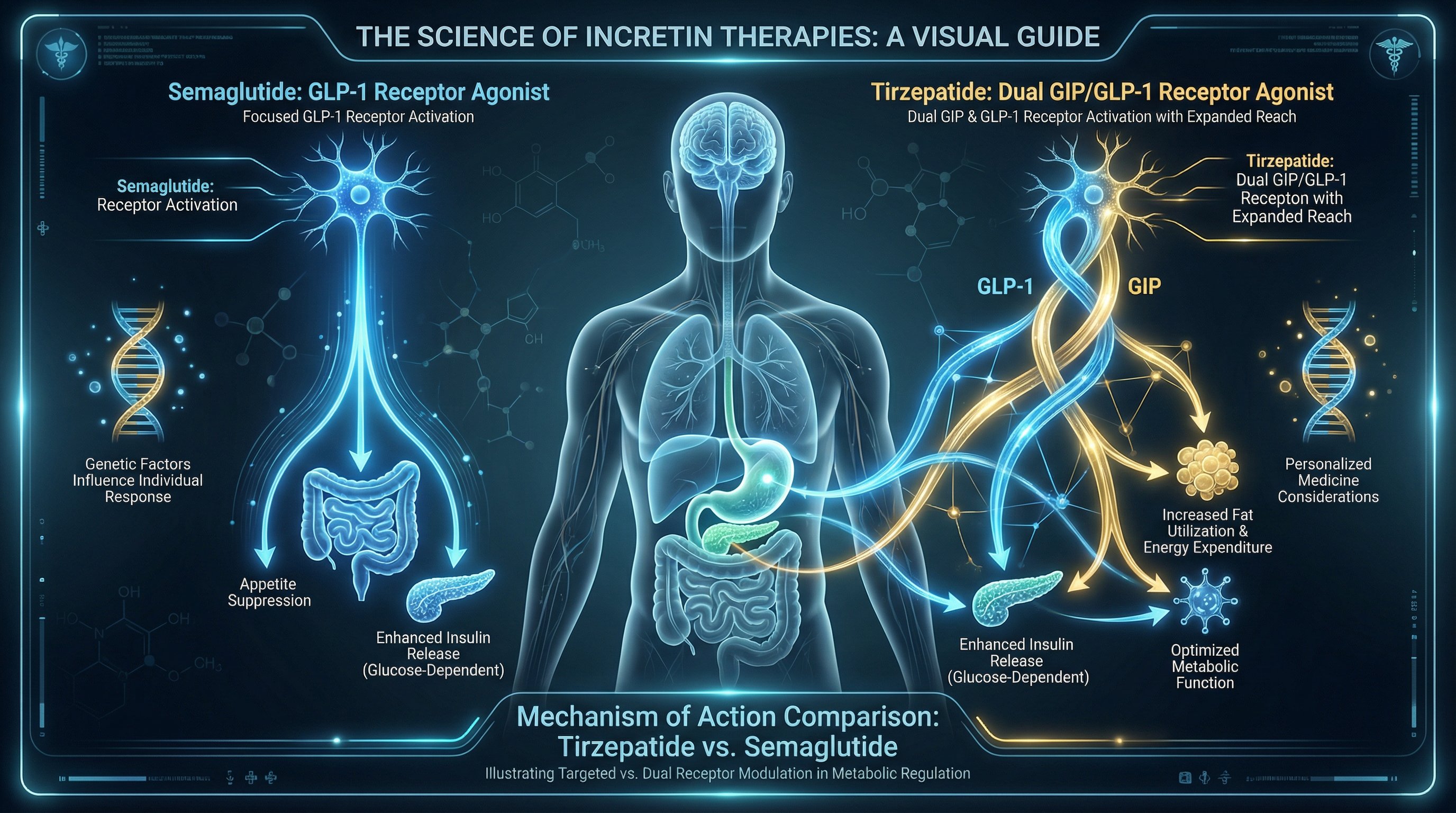 Infographic comparing single and dual receptor pathways of semaglutide and tirzepatide in the body.