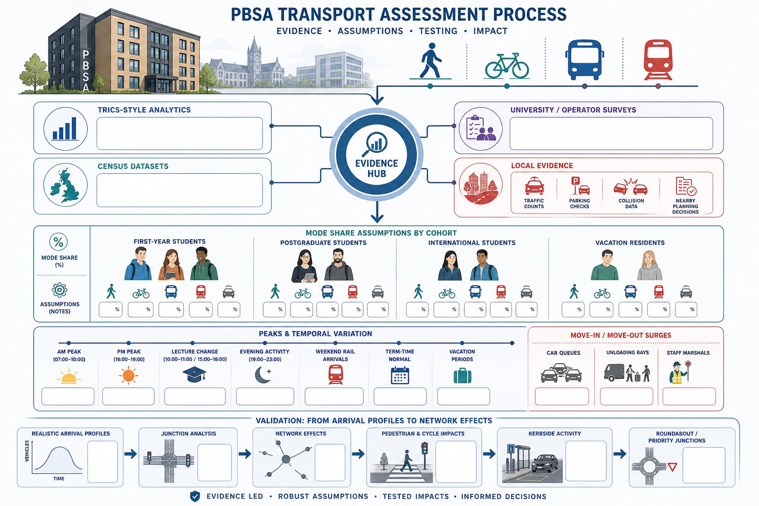 Infographic of PBSA student travel assumptions, evidence sources, and peak period patterns.